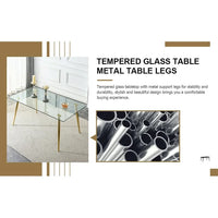 63" Glass Dining Table for 4-6 People, Modern Rectangular Glass Kitchen Table with Golden Legs, Small Dining Room Table for Living Room, 300lbs Capacity
