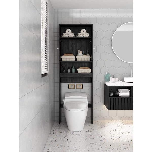 Over The Toilet Storage Cabinet for Bathroom Storage, Bathroom Organizer Shelf Over Toilet with 2 Open Shelves and Cabinets, Above Toilet Storage Cabinet for Bathroom Space Saving, 76.77 in H, Black