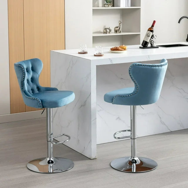 Bar Stool Swivel Chairs Set of 2, Velvet Adjustable Height Barstools with Tufted Back and Footrest, Modern Upholstered Tall Bar Stools Dining Chairs for Home Pub Kitchen Island Cafe, Light Blue