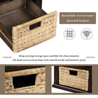 Rustic Storage Bench with 3 Drawers and 3 Rattan Baskets, Shoe Bench for Living Room, Entryway, Removable Linen Blend Cushion (Espresso)