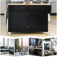 Kitchen Island Cart with Spacious Tabletop and Locking Wheels, 54.3" Large Kitchen Trolley Cart with 4 Door Cabinet and Two Storage Drawers, Spice Rack Towel Rack, Rolling Kitchen Island Cart, Black