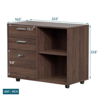 Drawer File Cabinet with Coded Lock, Bedside Table Mobile Lateral Filing Cabinet Printer Stand with Open Storage Shelves & 5 Universal Wheels, Wood Grain Two Layer Storage Cabinet for Office, Brown