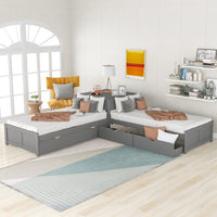 L-shaped Platform Bed with Trundle and Drawers, 3 Twin Beds in One with Built-in Desk for Kids Teens Bedroom, No Box Spring Needed, Gray