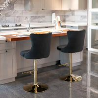 Swivel Bar Stools Set of 2, Adjustable Counter Height Barstools with Button Tufted Back and Golden Footrest, Velvet Nailheads Trim Bar Chairs for Dining Room Bar Kitchen Pub, Black