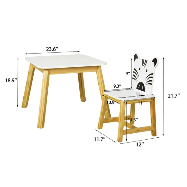 JINS&VICO 5 Piece Kiddy Table and Chair Set , Kids Wood Table with 4 Chairs Set Cartoon Animals for Children's Playground, Kindergarten Classroom and Kids Dining Room（2-7 years old）