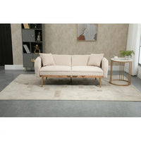 66"Accent Recline Sofa, Velvet Loveseat Sofa, Modern Futon Sofa Bed with 5 Golden Metal Legs, Sleeper Sofa Couch with Two Pillows, Convertible Loveseat for Living Room and Bedroom, Beige