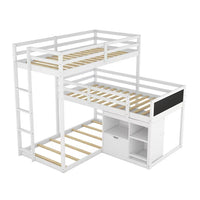 L-Shaped Triple Bunk Bed for 3, Twin Size Bunk Bed with Storage Cabinet and Blackboard Wood Corner Bunk Bed Frame with Full-Length Guardrails and Ladder 3 Bed in 1 for Kids No Box Spring Needed, White