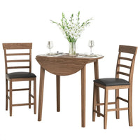 Drop-Leaf Dining Table Set of 3, Round Counter Height Drop-Leaf Table with 2 Upholstered Chairs, Rubber Wood Dining Table Set Pub Set with PU leather Cushion for Small Space Kitchen