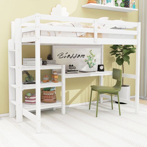 Twin Size Loft Bed with Under-Bed Desk and Writing Board, Multifunctional Loft Bed with 3-Tier Shelves and Ladder, Wooden Loft Bed Frame with Support Slats for Bedroom,Weight Capacity 300lbs