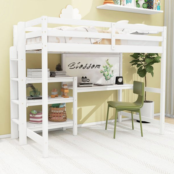 Twin Size Loft Bed with Under-Bed Desk and Writing Board, Multifunctional Loft Bed with 3-Tier Shelves and Ladder, Wooden Loft Bed Frame with Support Slats for Bedroom,Weight Capacity 300lbs