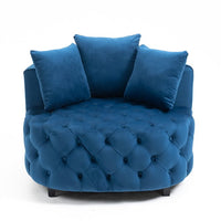 Accent Barrel Chair, Modern Button Tufted Velvet Upholstered Barrel Chair with 3 Pillows, Comfy Single Sofa Chair with Curved Back and Solid Wood Legs, Oversized Leisure Lounge Chair for Bedroom, Blue