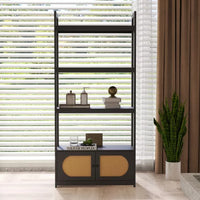 4 Tiers Bookshelf, Woven Cane Bookcase with Cabinet Office Wood Bookshelf Freestanding Open Display Shelf with 2 Doors Storage Cabinet Home Storage Rack for Living Room