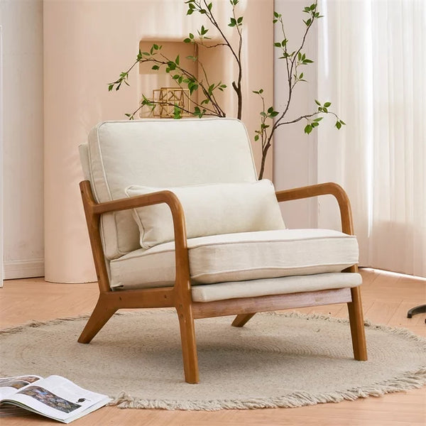 Accent Chair for Living Room, Mid-century Upholstered Armchair with Lumbar Pillow, Bronzing Cloth Lounge Chair with Solid Wood Frame for Living Room Bedroom Apartment, Off-White Color