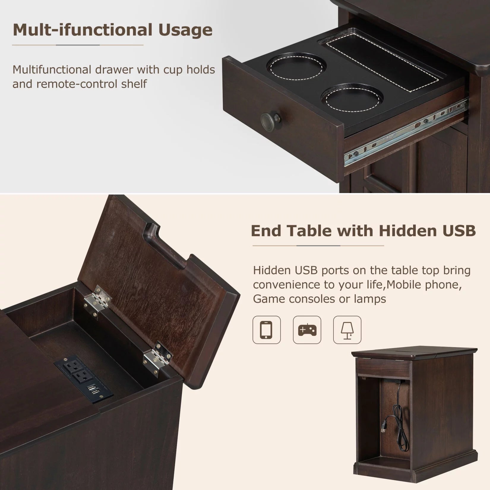 Classic Vintage End Table with USB Ports,Side Table with Multifunctional Drawer with Cup Holders,Night Stand for Living Room Bedroom,Antique Espresso