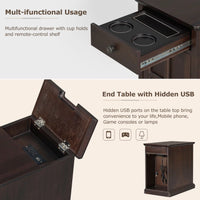 Classic Vintage End Table with USB Ports,Side Table with Multifunctional Drawer with Cup Holders,Night Stand for Living Room Bedroom,Antique Espresso