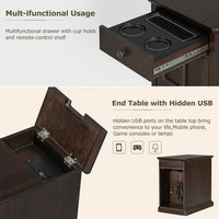 Classic Vintage End Table with USB Ports,Side Table with Multifunctional Drawer with Cup Holders,Night Stand for Living Room Bedroom,Antique Espresso