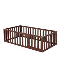 Twin Size Floor Bed, Wood Twin Montessori Bed Frame with Fence Guardrails and & Support Slats, Twin Playhouse Bed with Door Design, Fence Bed Playpen Bed for little ones, Walnut