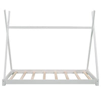 Twin Size House Bed Tent Bed for Kids Toddlers and Teens, Montessori Wood Floor Bed Frame with Sturdy Slats Support and Canopy Rack, Playhouse Design, No Box Spring Needed, White