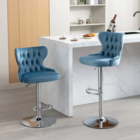 Bar Stool Swivel Chairs Set of 2, Velvet Adjustable Height Barstools with Tufted Back and Footrest, Modern Upholstered Tall Bar Stools Dining Chairs for Home Pub Kitchen Island Cafe, Light Blue