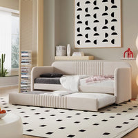 Velvet Sofa Bed, Twin Size Upholstered Daybed Platform Bed Frame with Pull-out Trundle & Tufted Backrest, Modern Versatile Bed Frame for Living Room, Bedroom, Beige