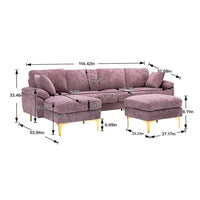 Convertible L-Shaped Sectional Sofa with Movable Ottoman, Upholstered Accent Sofa with 2 Pillows and Golden Metal Legs, Modular Sectional Couch Sets for Living Room Office Apartment, Purple