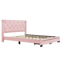Queen Size Storage Bed, Linen Upholstered Platform Queen Bed Frame with Button Riveted Headboard and 2 Drawers, Queen Platform Bed No Box Spring Required, Pink