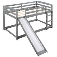 Bunk Bed with Convertible Slide for Kids Teens, Twin Over Twin Floor Bunk Bed with Ladder for Kids Bedroom, Wood Low Bunk Bed Frame No Box Spring Required, Gray, 79.2" L x 83.4" W x 49.2" H