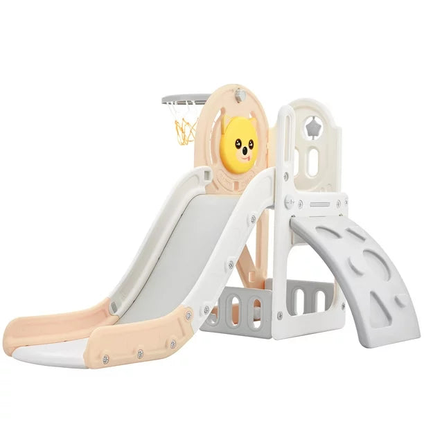 Toddler Slide and Climber Set 4 in 1, Kids Freestanding Slides with Basketball Hoop, Playground Slide Climber Playset, Freestanding Combination for Babies Play in Indoor & Outdoor, Pink