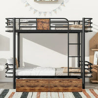 Metal Bunk Bed Twin XL Over Twin XL, Metal Bunk Bed with 2 Storage Drawers and MDF Board Guardrail, Bunk Bed for Kids Boys Girls Teens, Black