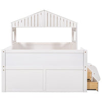 Full Size House Bed for Kids, Wooden Full Low Loft Bed with 4 Drawers, Full Storage Bed Frame with Roof and Windows, Multifunctional Cabin Playhouse Bed for Girls Boys, No Box Spring Needed, White