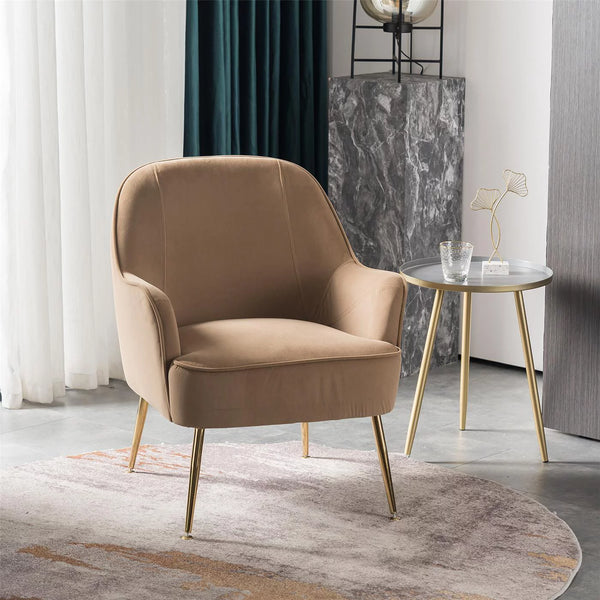 Ergonomics Velvet Accent Chair with Arms, Upholstered Side Chairs Leisure Chair with Adjustable Footpad for Living Room Bedrooms, Brown