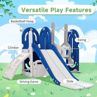 5-in-1 Slide and Swing Set, Toddler Slide Swing Set, Freestanding Slide Set with Climber and Basketball Hoop, Playground Climber Slide Playset, for Indoor Outdoor Backyard Playground, Blue