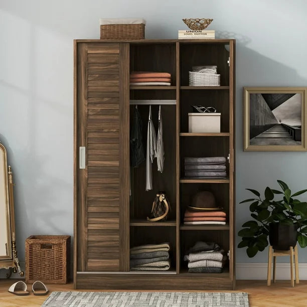 3-Door Shutter Wardrobe with Shelves for Kids Adults Use, Large Storage Wardrobe Cabinet for Bedroom, Walnut