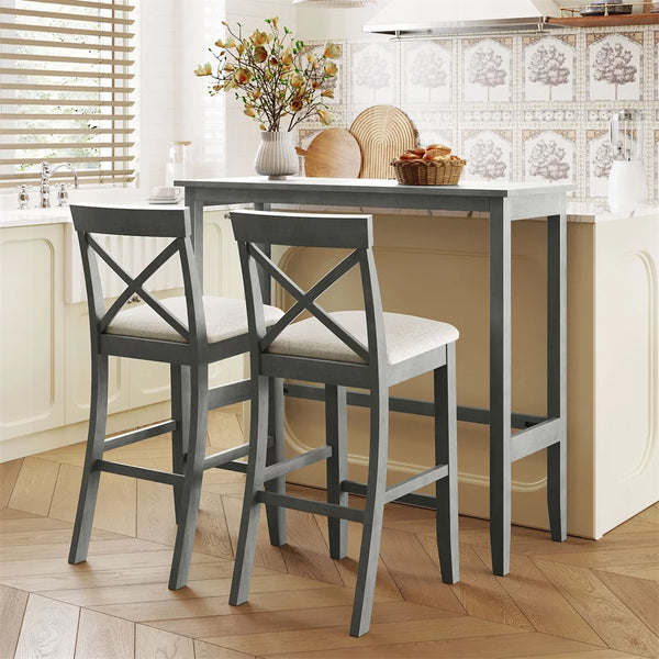 3-Piece Dining Table Set Farmhouse 48" Rectangular Counter Height Bar Table Set with 2 Upholstered Chairs with X-Frame Back and Footrest, Space-Saving Kitchen Breakfast Table for Living Room, Gray