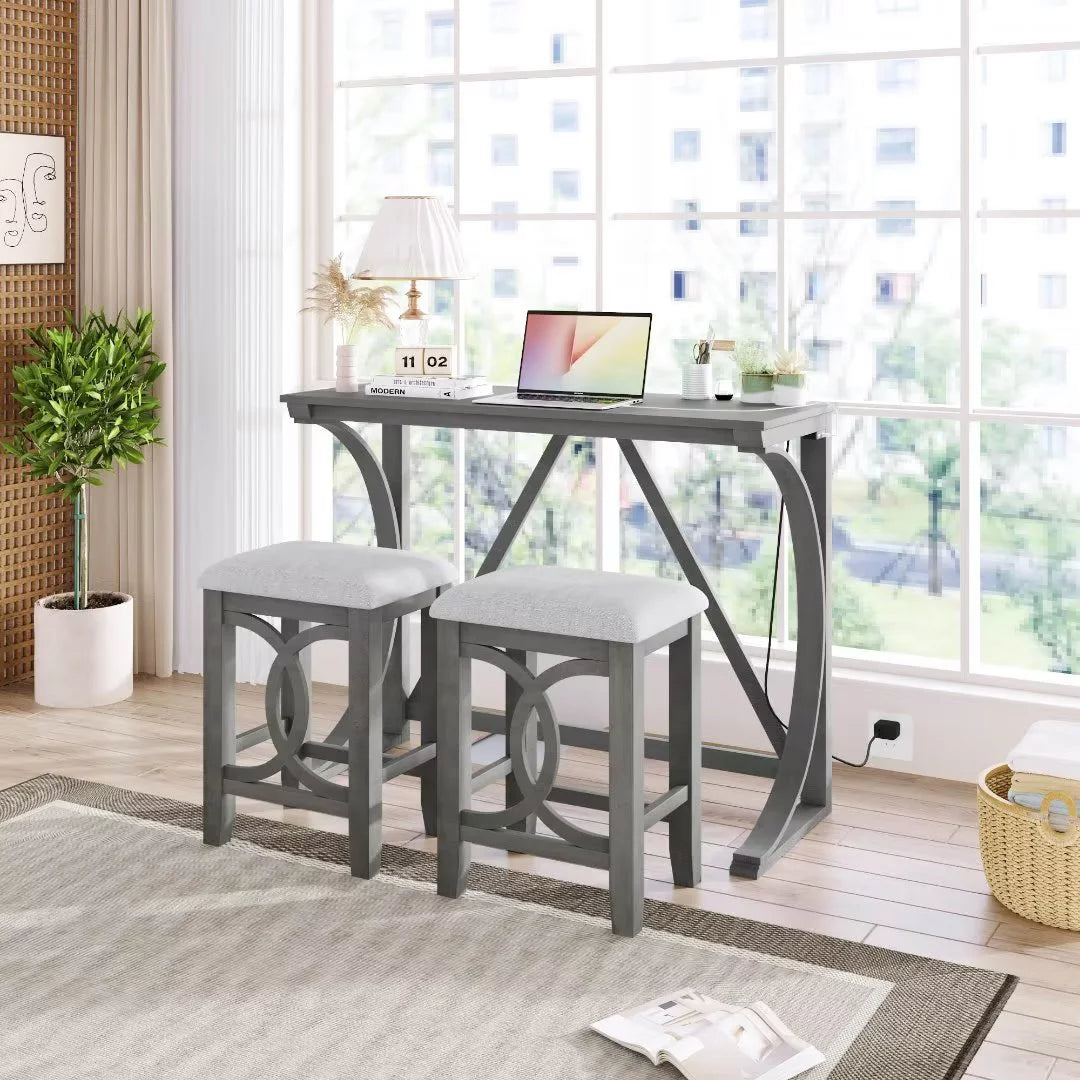 3-Piece Dining Table Set, Farmhouse Wood Bar Set Dining Set with 2 Upholstered Stools, Rectangular Counter Height Dining Table Set with Built-in USB Port, Circle Design Legs, for Small Places, Gray