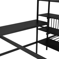 Full Over Twin Metal Bunk Bed, L Shaped Loft Bed Frame with Built-in Desk, Shelves and Ladder, Bunk Bed with Desk, Full Over Twin Bunk Bed, Twin Over Full Bunk Beds (Black)