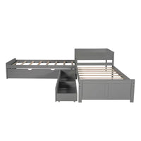 L-shaped Platform Bed with Trundle and Drawers, 3 Twin Beds in One with Built-in Desk for Kids Teens Bedroom, No Box Spring Needed, Gray