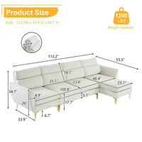L-Shaped Sectional Sofa with Footstool, Plaid Fleece 4 Seat Sofa Couch with Chaise Lounge and Electroplated Gold Triple Leg, Indoor Modular Sofa for Living Room Office Guestroom, 282*142*88cm