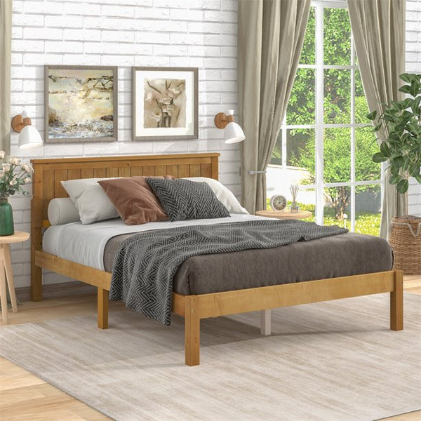 Full Size Pine Wood Platform Bed with Veneer Headboard, Solid Wood Bed Frame with 10 Wide Wood Slats Great Support, Plenty Storage Space under Bed, No Box Spring Needed, Light Brown