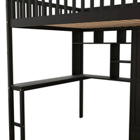 Twin Size Loft Bed with Desk and Storage Stairs, Multifunctional Loft Bed with Bookshelf, Drawers and Wardrobe, Wood Loft Bed Frame with Fence Shaped Guardrails, No Box Spring Needed, Expresso
