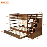 Hardwood Twin-Over-Twin Bunk Bed with Twin Size Trundle, 3 Storage Stairs and Full-length Guardrail, Solid Wood Bunk Bed for Kids Adult, 94.4"L x 42.4"W x 61.4"H, Walnut