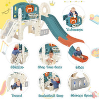 7 in 1 Toddler Slide Set with Arch Tunnel and Freestanding Castle,Kids Climber Slide Playset with Basketball Hoop,Children's Slide,Outdoor Indoor Playground,Blue