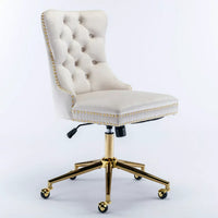 Swivel Office Chair, Velvet Upholstered Tufted Button Task Chair with Golden Metal Base and 5 Wheels, Adjustable Computer Desk Chair for Living Room Bedroom (Beige)