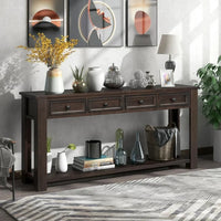 Narrow Console Table for Entryway, 64" Wood Sofa Table with 4 Storage Drawers and Open Bottom Shelves Multifunctional Buffet Sideboard Long Console Table Accent Table for Living Room, Espresso