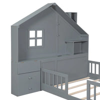 Full Floor Bed for Kids, Wood Montessori Floor Bed with Rails and Bedside Drawers,Floor Bed Frame with Shelves and a Set of Sockets and USB Port,Gray