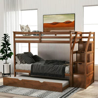 Hardwood Twin-Over-Twin Bunk Bed with Twin Size Trundle, 3 Storage Stairs and Full-length Guardrail, Solid Wood Bunk Bed for Kids Adult, 94.4"L x 42.4"W x 61.4"H, Walnut