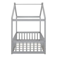 Twin Size Montessori Bed for Kids, Wood Floor Bed Frame, House Bed Frame with Fence & Roof, Solid Wood Playhouse Bed for Girls Boys Teens, Gray