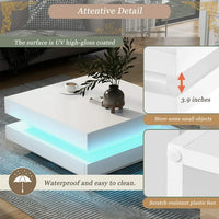 LED Coffee Table,High Gloss End Table with 16-Color LED Lights,2-Tier Square Coffee Table with A Remote Control,Minimalist Design Center Table for Living Room Office,31.5"x31.5"x14.2",White