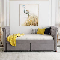 Twin Size Upholstered Daybed with 2 Storage Drawers, Sofa Bed Frame with Wood Slat Support and Comfortable Curved Armrests, No Box Spring Needed, Gray