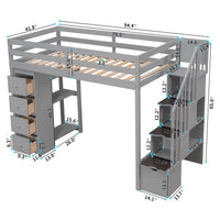 Twin Size Loft Bed with Staircases for Kids, Solid Wood Bed Frame with Built-in Storage Drawers and 3-Tier Shelves, Modern Versatile Bed with Safety Guardrails for Boys and Girls, Gray